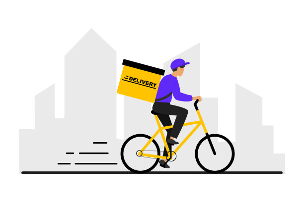 送货服务的概念。一幅以城市快递为主题的图片。骑自行车的快递员，后面有一个包裹盒。自行车送货快捷。矢量图图片下载