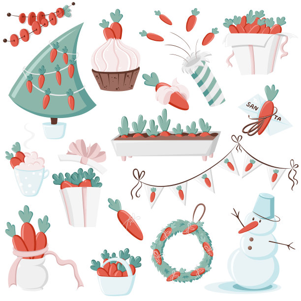 可爱的新年，圣诞装饰集胡萝卜，花环，礼物，花环，树，饼干，一杯巧克力。彩色矢量插图的产品设计，横幅，卡片卡通涂鸦风格图片下载