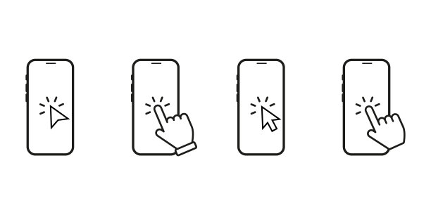 智能手机触摸屏图标集。点击智能手机。手点按触摸屏。带有点击光标的手机。智能手机屏幕与手触摸图片下载