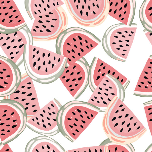 手绘西瓜片无缝图案。可爱的西瓜无止境的墙纸。有趣的水果的背景。图片下载