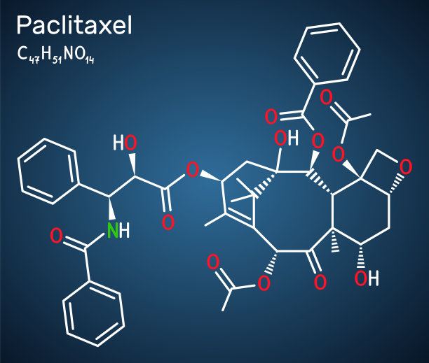 紫杉醇,PTX分子。是用于治疗卵巢癌、乳腺癌和肺癌的类taxoid化疗药物。结构化学式在深蓝色背景上图片下载