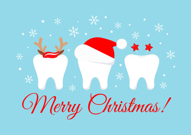 可爱的牙齿与圣诞服装牙医贺卡。图片下载