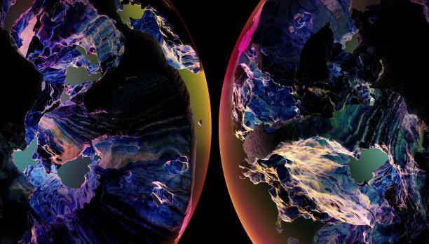 3d渲染抽象艺术3d背景与超现实的外星幻想行星球球与粗糙的地形岩石石头结构在暗紫色、橙色和绿色的黑色图片下载