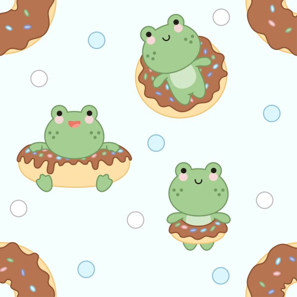 天衣无缝的可爱青蛙度假图案。卡哇伊风格。在一个甜甜圈形状的橡胶圈里游泳，上面有点点。图片下载