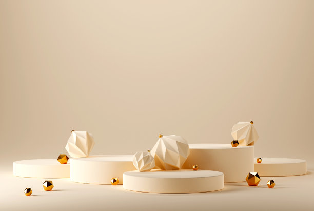 3D抽象圣诞灯背景与米色几何圣诞饰品图片下载