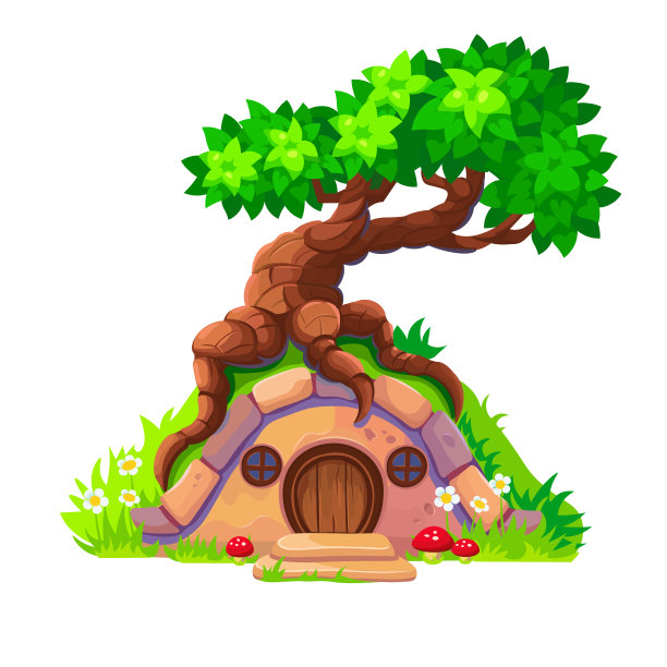 霍比特人的房子，有一棵老树枝。圆木门窗，花木蘑菇的仙居。孤立的白色背景。图片下载