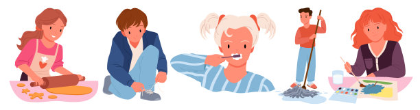 孩子们的日常生活场景，男孩和女孩刷牙，系鞋带，做饼干图片下载