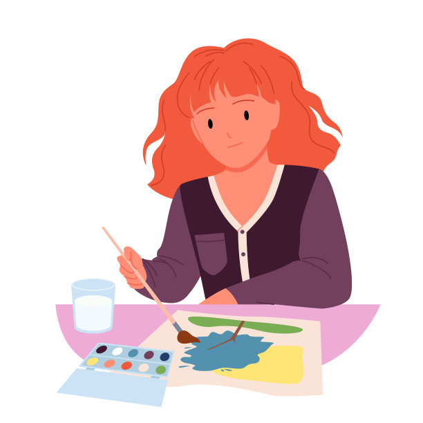 可爱的孩子在美术课上画画，女孩艺术家拿着毛笔在桌子上画画图片下载