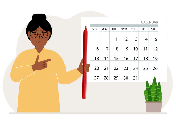 一个女人手里拿着铅笔制作日历。计划和时间管理，负责的员工计划会议和活动。图片下载