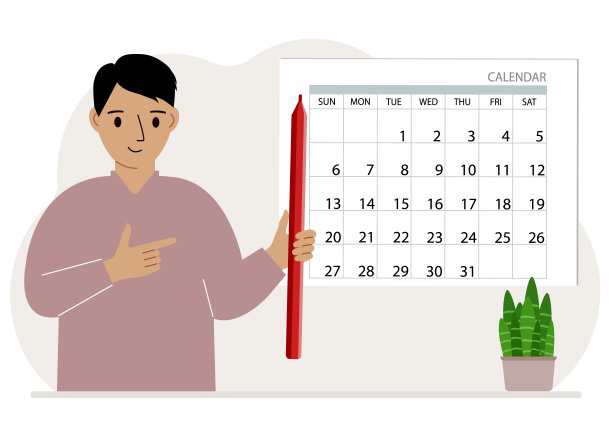 一个拿着铅笔的人创造了一个日历。计划和时间管理，负责的员工计划会议和活动。图片下载