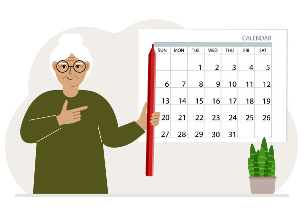 一个女人手里拿着铅笔制作日历。计划和时间管理，负责的员工计划会议和活动。图片下载