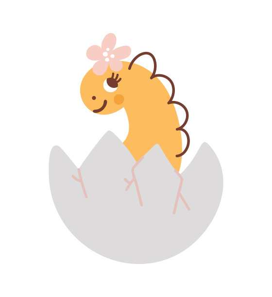 矢量可爱的恐龙女孩新生在蛋壳里，她的头上有一朵花。手绘公主可爱酷恐龙插画儿童t恤，儿童服装，邀请，简单的斯堪的纳维亚儿童设计图片下载