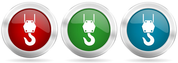 工业、起重机、建筑矢量图标集。红色，蓝色和绿色银色金属网按钮与铬镶边图片下载