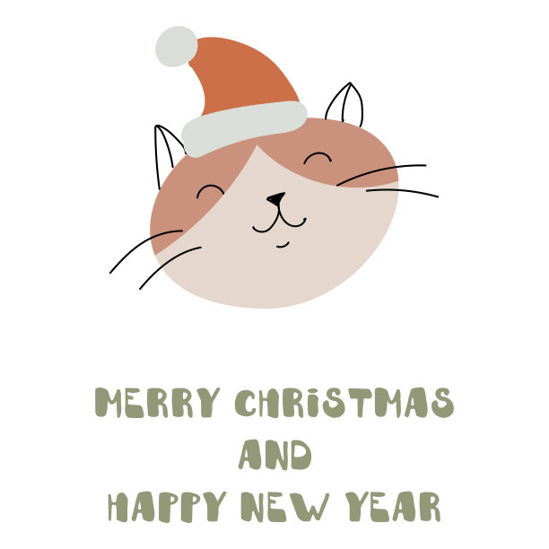 圣诞快乐，新年快乐。可爱的圣诞贺卡。戴着圣诞老人帽的蓬松猫。宠物。矢量素材图片下载