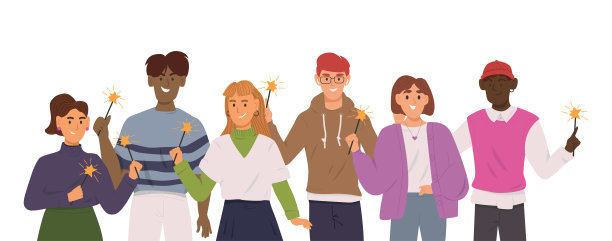 一群不同的年轻人在白色背景下手持燃烧的烟火。朋友们庆祝新年。快乐的男人和女人在圣诞公司聚会。平面卡通风格的矢量插图图片下载