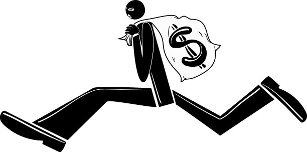 带着一袋画着美元符号的钱跑了。蒙面强盗。黑白插图。股票矢量图图片下载