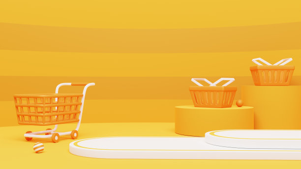 产品展示平台上的黄色背景与购物篮和购物车。3 d渲染。3 d演示。图片下载