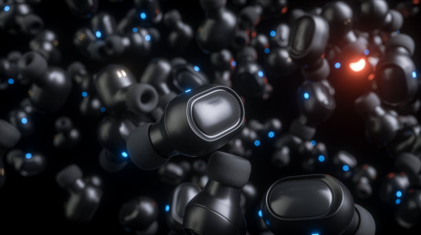 耳塞准备播放一些音乐，耳塞连接到手机，平板电脑通过蓝牙，3d渲染图片下载