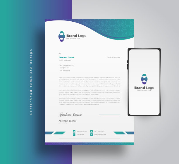 现代商业信笺模板设计在蓝色和绿色渐变与花卉图案和智能手机在一边图片下载