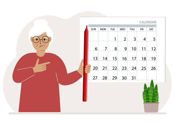 一个女人手里拿着铅笔制作日历。计划和时间管理，负责的员工计划会议和活动。图片下载