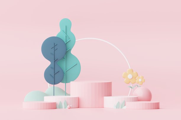 色彩柔和的自然，花朵，树叶和树木植物与讲台站平台。可爱的卡通自然景观背景。春天的场景五颜六色的植物与最小的设计。3 d渲染。图片下载