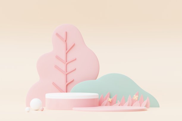 色彩柔和的自然，花朵，树叶和树木植物与讲台站平台。可爱的卡通自然景观背景。春天的场景五颜六色的植物与最小的设计。3 d渲染。图片下载