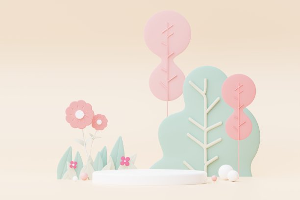 色彩柔和的自然，花朵，树叶和树木植物与讲台站平台。可爱的卡通自然景观背景。春天的场景五颜六色的植物与最小的设计。3 d渲染。图片下载