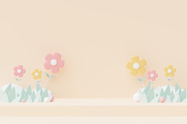 色彩柔和的自然，花朵，树叶和树木植物与讲台站平台。可爱的卡通自然景观背景。春天的场景五颜六色的植物与最小的设计。3 d渲染。图片下载