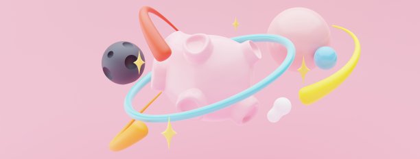 行星恒星和月亮的3d渲染，在夜间漂浮在空气中，紫色紫丁香背景。色彩柔和的蜡笔球、泡泡皂或斑点的抽象场景。神奇的场景。图片下载