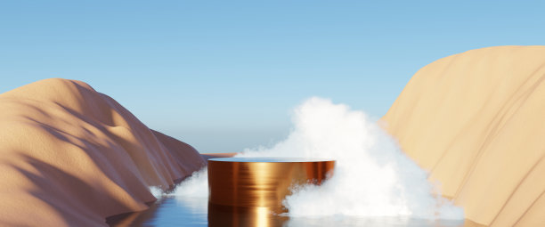 摘要沙丘悬崖沙与金属台架平台。超现实的沙漠自然景观背景。沙漠场景与光泽的金属拱门几何设计。3 d渲染。图片下载