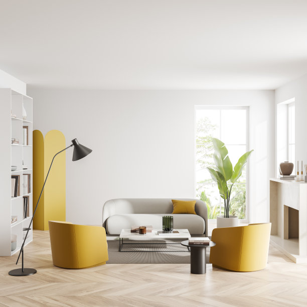 光线放松的房间内部有沙发和全景窗。模型空墙图片下载