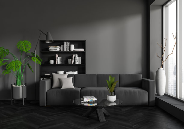 灰色的客厅内部有沙发和装饰。模型空墙图片下载