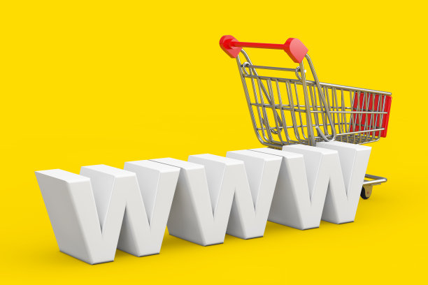 WWW白色标识附近的购物车。3d渲染图片下载