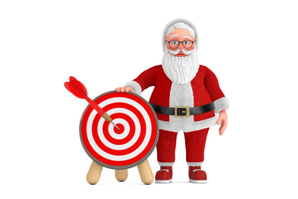 卡通快乐的圣诞老人与箭靶和镖在中心。3d渲染图片下载
