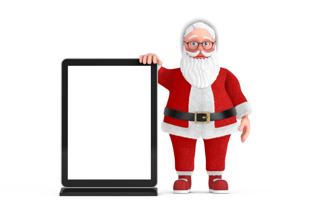 卡通快乐的圣诞老人与空白贸易展液晶屏幕展示架作为模板为您的设计。3d渲染图片下载