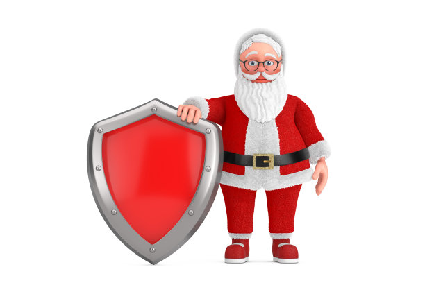 卡通快乐的圣诞老人与红色金属保护盾。3d渲染图片下载
