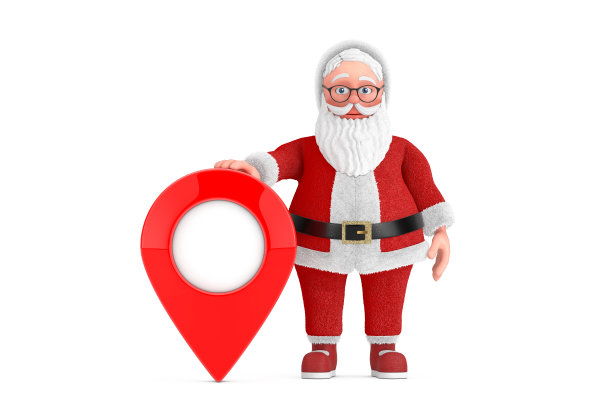 卡通快乐的圣诞老人爷爷与红色地图指针目标别针。3d渲染图片下载