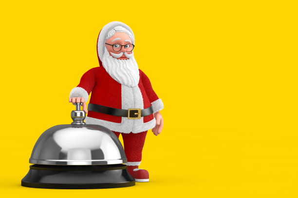 卡通圣诞老人与酒店服务铃声呼叫。3d渲染图片下载