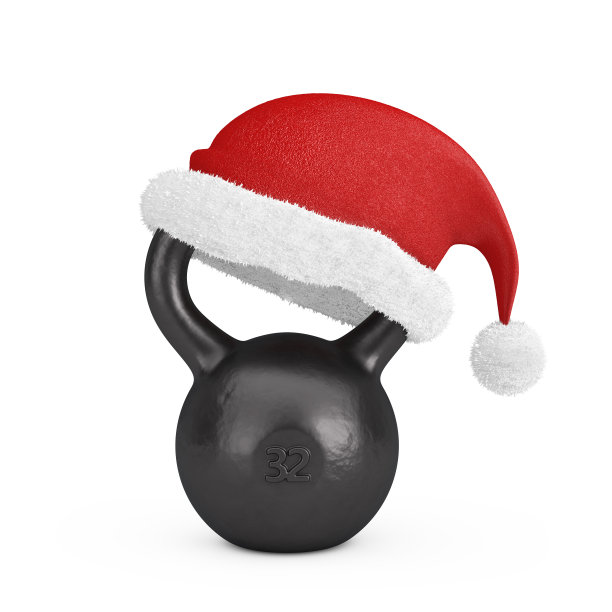 铁壶铃与红色圣诞老人帽子。3d渲染图片下载