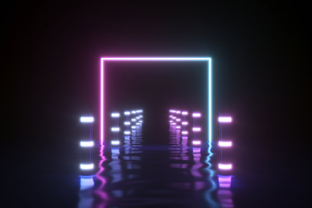 复古未来抽象海洋风景与黄色霓虹方形与复制空间3D渲染插图库存照片图片下载