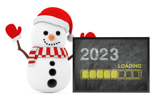 新年的概念。雪人在黑板附近，进度条显示2023年新年的加载。3d渲染图片下载