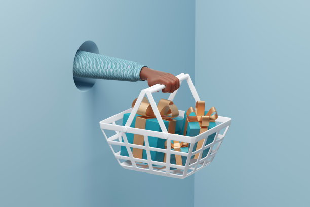 风俗化的卡通手拿着购物车的礼物通过洞在墙上。节日促销的概念。3d渲染，3d插图图片下载