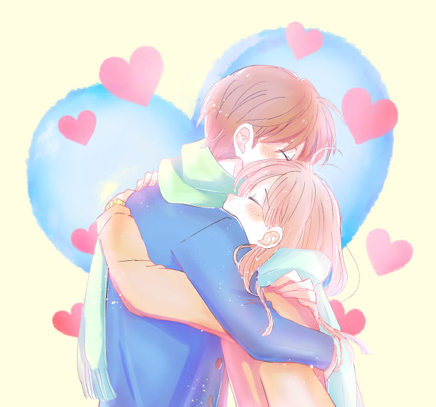 一对情侣在冬天拥抱的插图图片下载