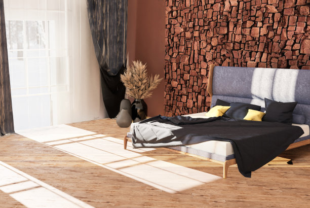 有装饰元素的卧室内部，可以看到外面的雪景。室内设计。三维演示图片下载