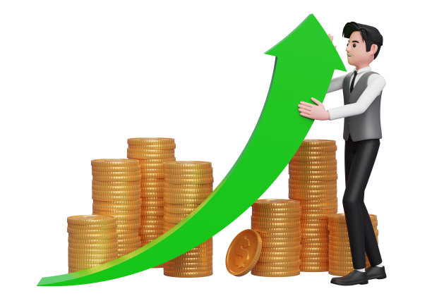 身穿灰色背心的商人试图把绿箭举起来，在金币堆上点缀背景图片下载
