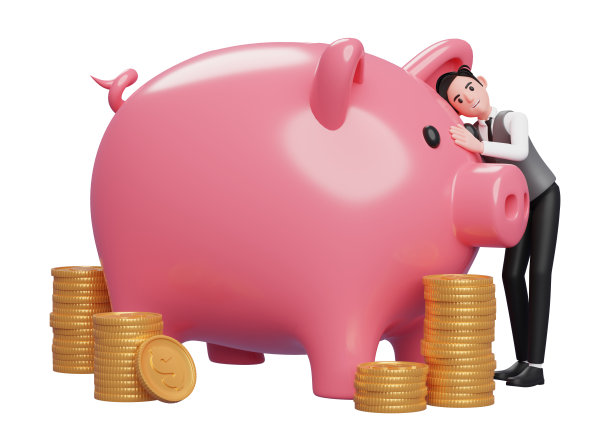 穿着灰色背心的快乐商人抱着大大的小猪存钱罐图片下载