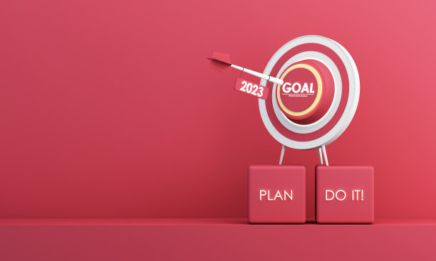 倒计时开始新的2023年与愿景和展望规划实现的目标。未来经营和管理的理念。红色背景的卡通插图。三维渲染图片下载