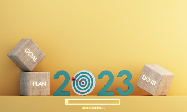 倒计时开始新的2023年与愿景和展望规划实现的目标。未来经营和管理的理念。在黄色背景卡通插图。三维渲染图片下载