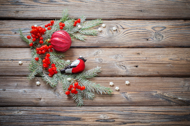 圣诞背景与红色的浆果，玻璃红腹雀和冷杉树枝上的深色木桌图片下载