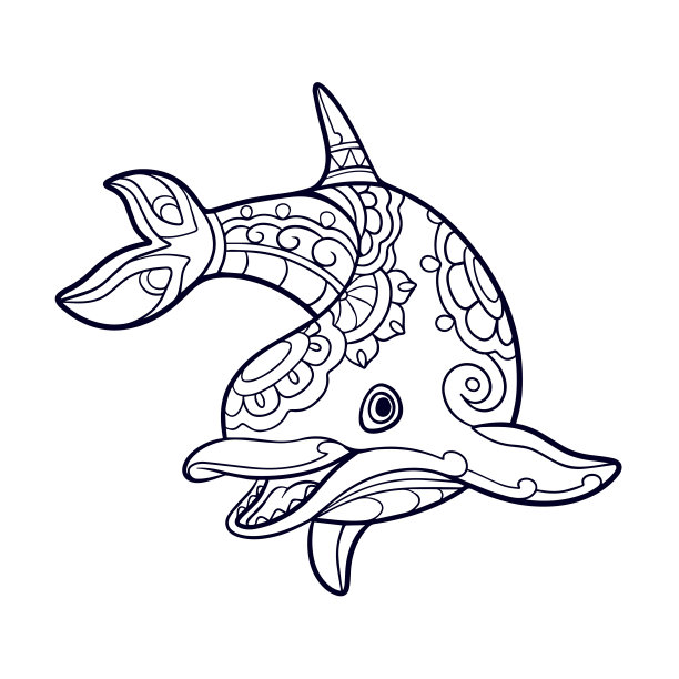 海豚卡通曼荼罗艺术孤立在白色背景图片下载